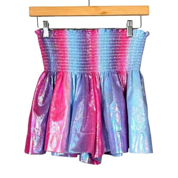 Queen of Sparkles NWT Pink Blue Rainbow Leather Smocked Shiny Swing Shorts