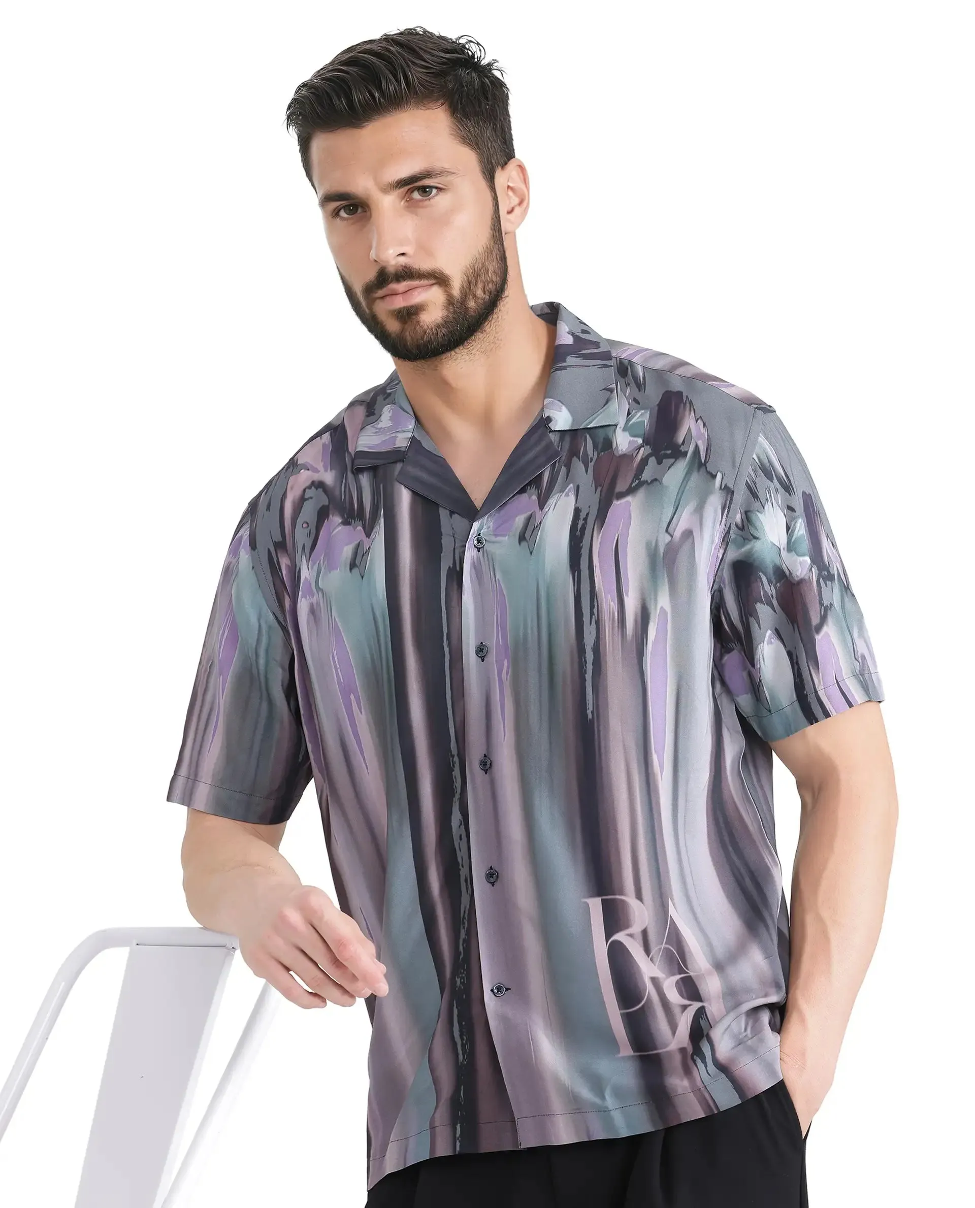 Rare Rabbit Men Loid Black Viscose Fabric Printed Shirt