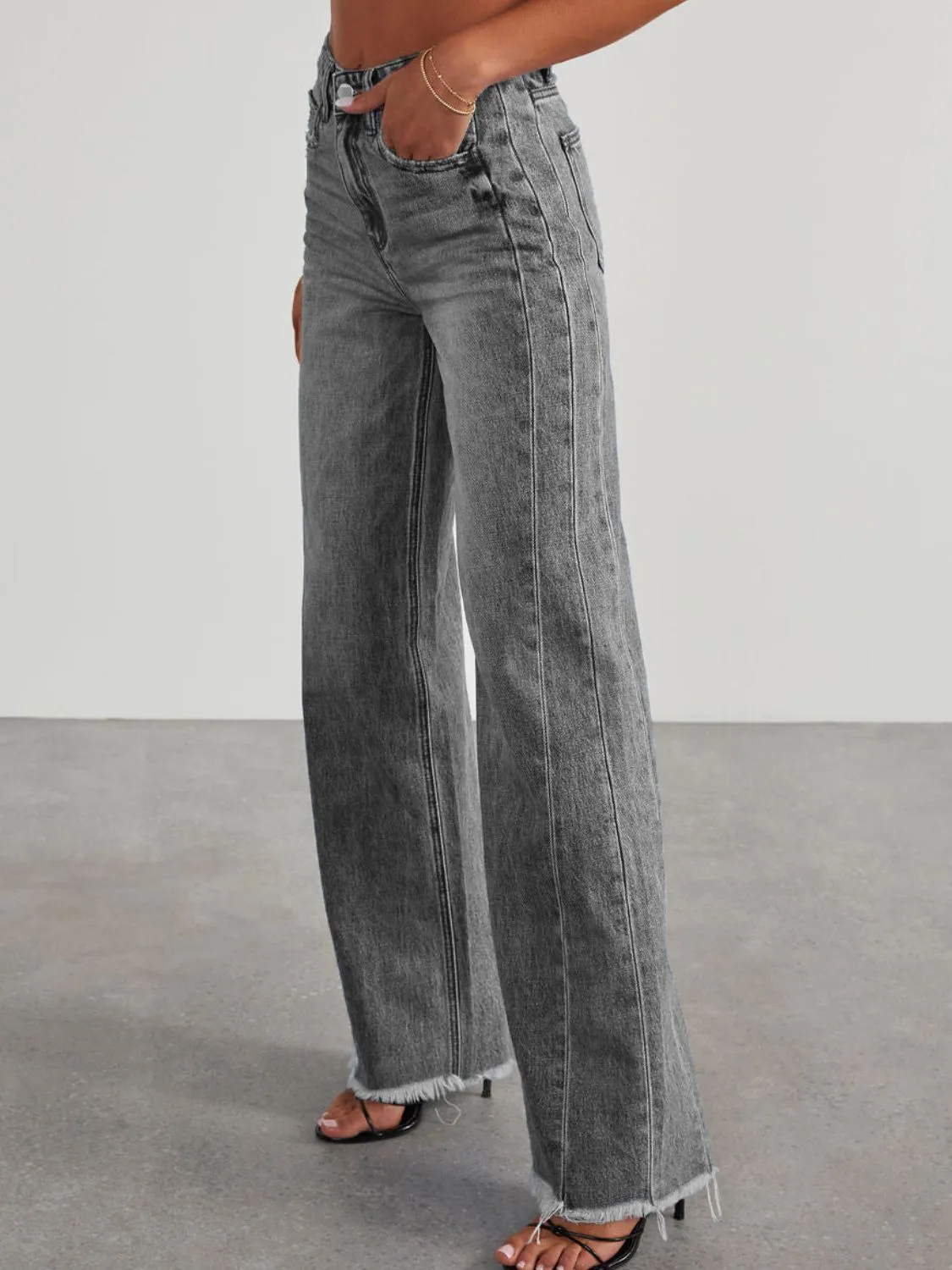 Raw Hem Wide Leg Jeans with Pockets ( 3 Colors)