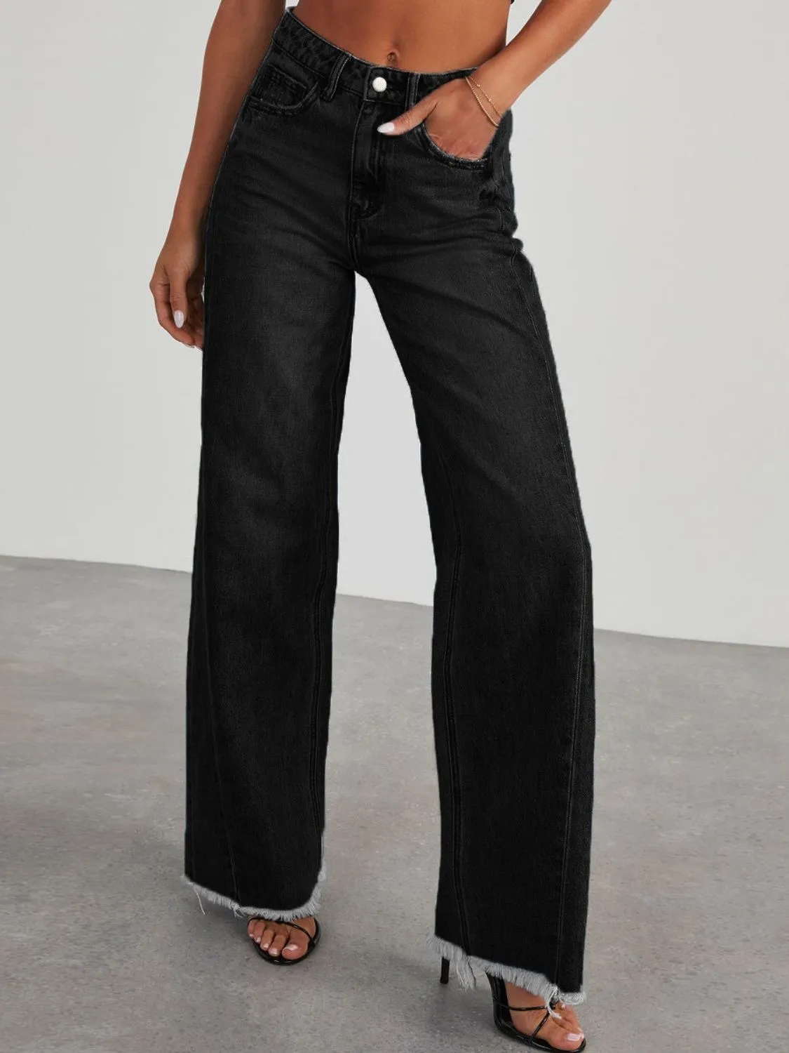 Raw Hem Wide Leg Jeans with Pockets ( 3 Colors)