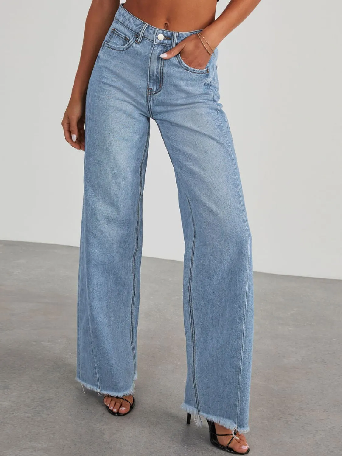 Raw Hem Wide Leg Jeans with Pockets ( 3 Colors)