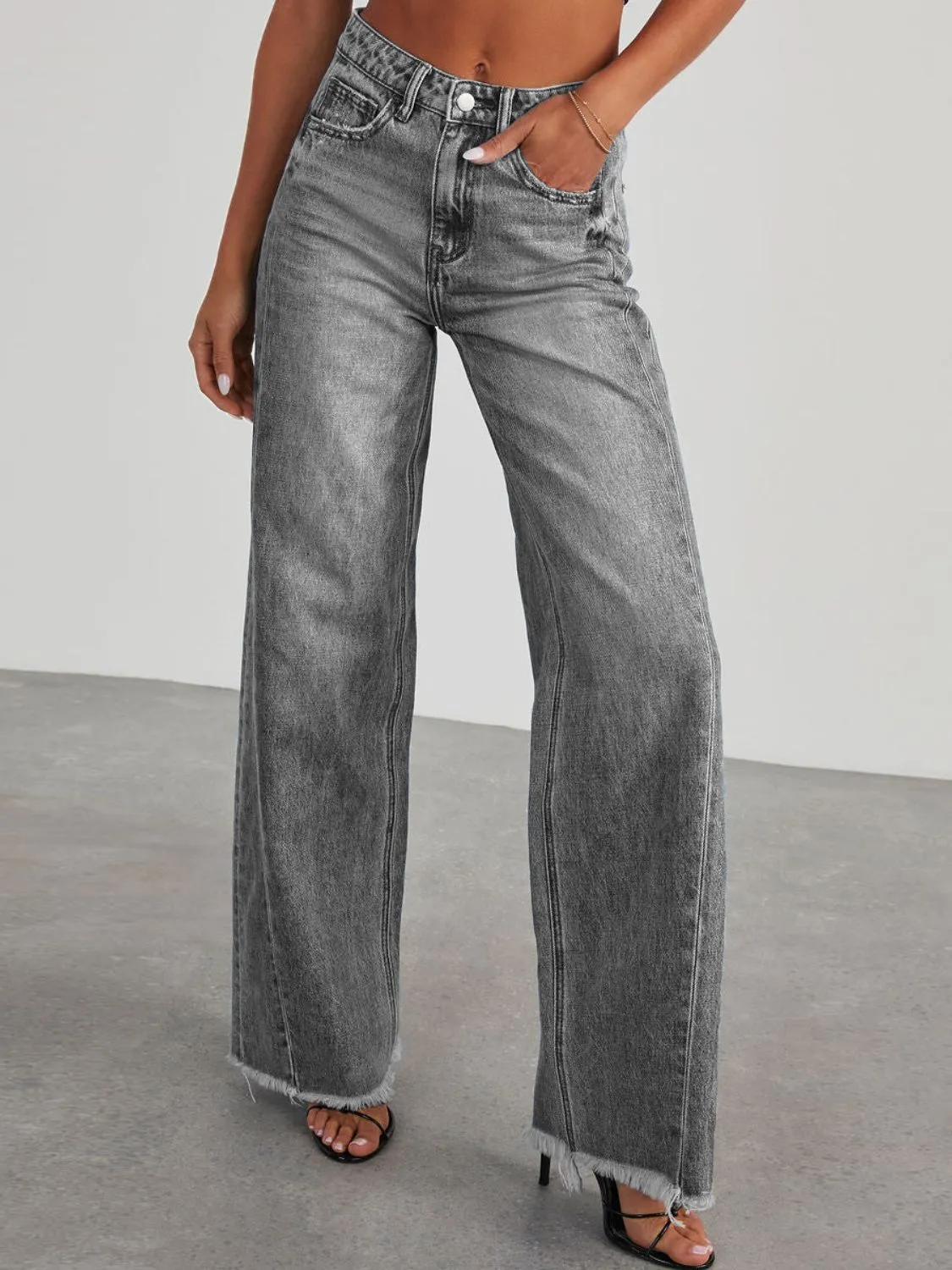 Raw Hem Wide Leg Jeans with Pockets ( 3 Colors)