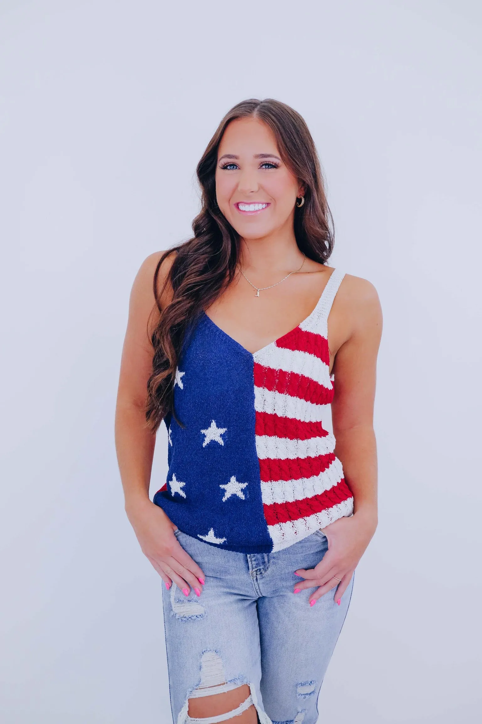 Red White & Cute Open Knit Tank