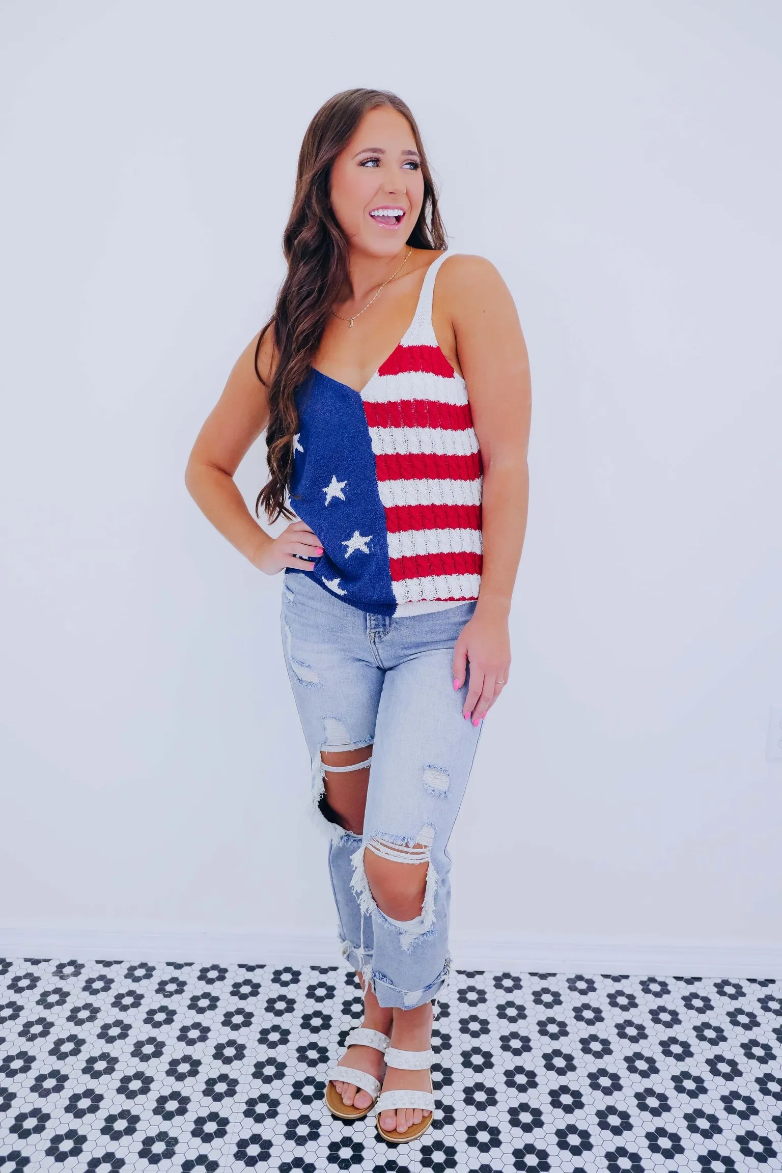 Red White & Cute Open Knit Tank