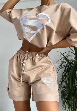 Relaxed Fit Embroidered Two-Piece Shorts Set with Sporty Charm
