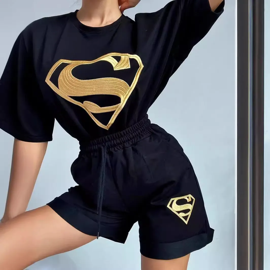 Relaxed Fit Embroidered Two-Piece Shorts Set with Sporty Charm