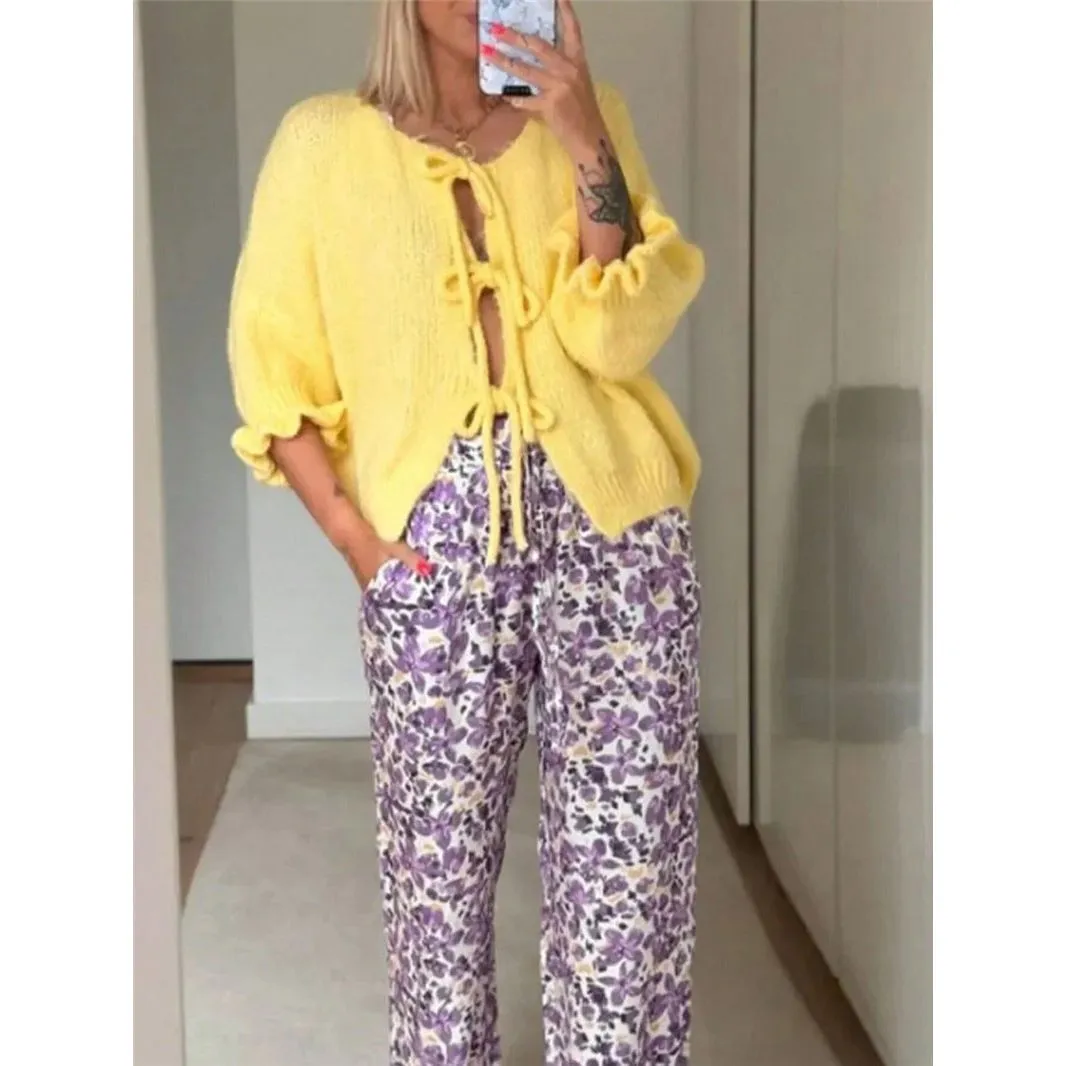 Round Neck Ruffle Sleeve Drawstring Knitted Sweater