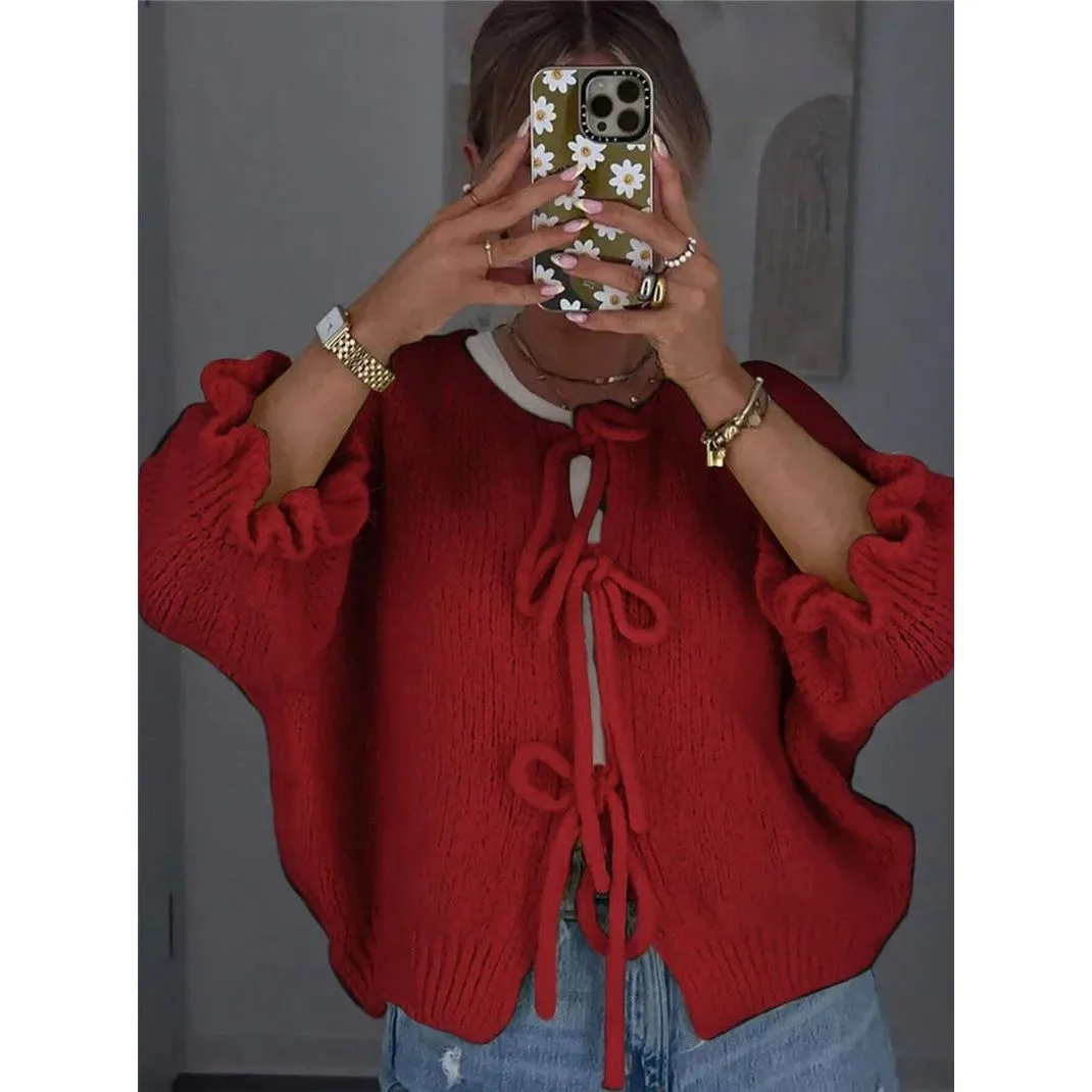 Round Neck Ruffle Sleeve Drawstring Knitted Sweater