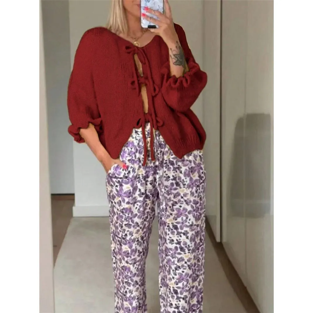 Round Neck Ruffle Sleeve Drawstring Knitted Sweater