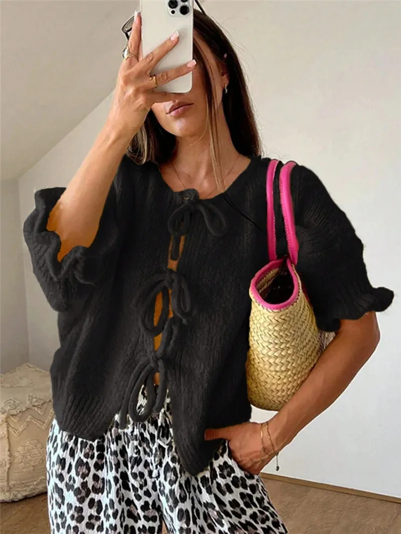 Round Neck Ruffle Sleeve Drawstring Knitted Sweater