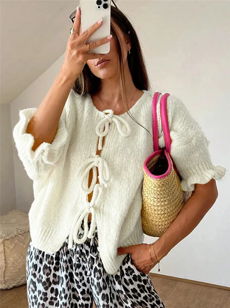 Round Neck Ruffle Sleeve Drawstring Knitted Sweater