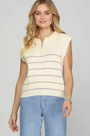 She   Sky Ribbed Hem Striped Half Zip Sweater Vest