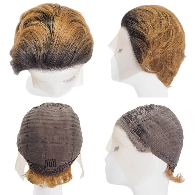 Short Pixie Cut Human Hair Wigs Lace Front Wavy Bob Wig Black Ombre Auburn