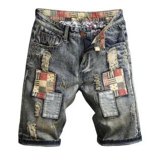 Short vintage en denim déchiré à blocs de couleurs