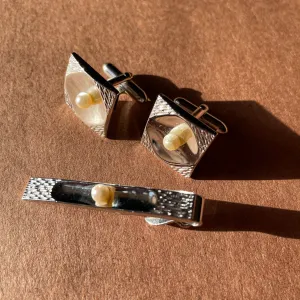 Silver   Pearl Cufflinks w/ Tie Clip