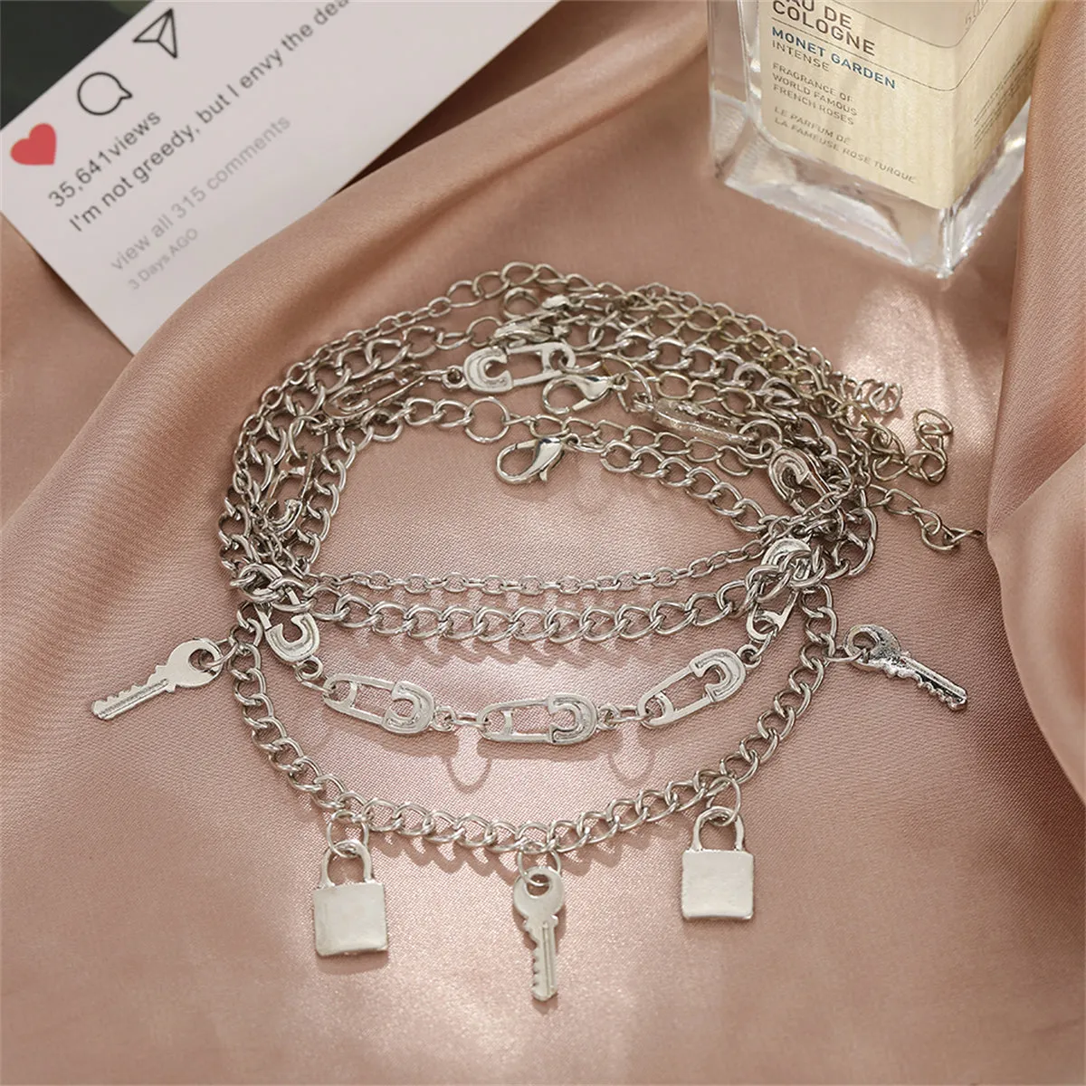 Silver-Plated Key Lock Station Charm Anklet Set