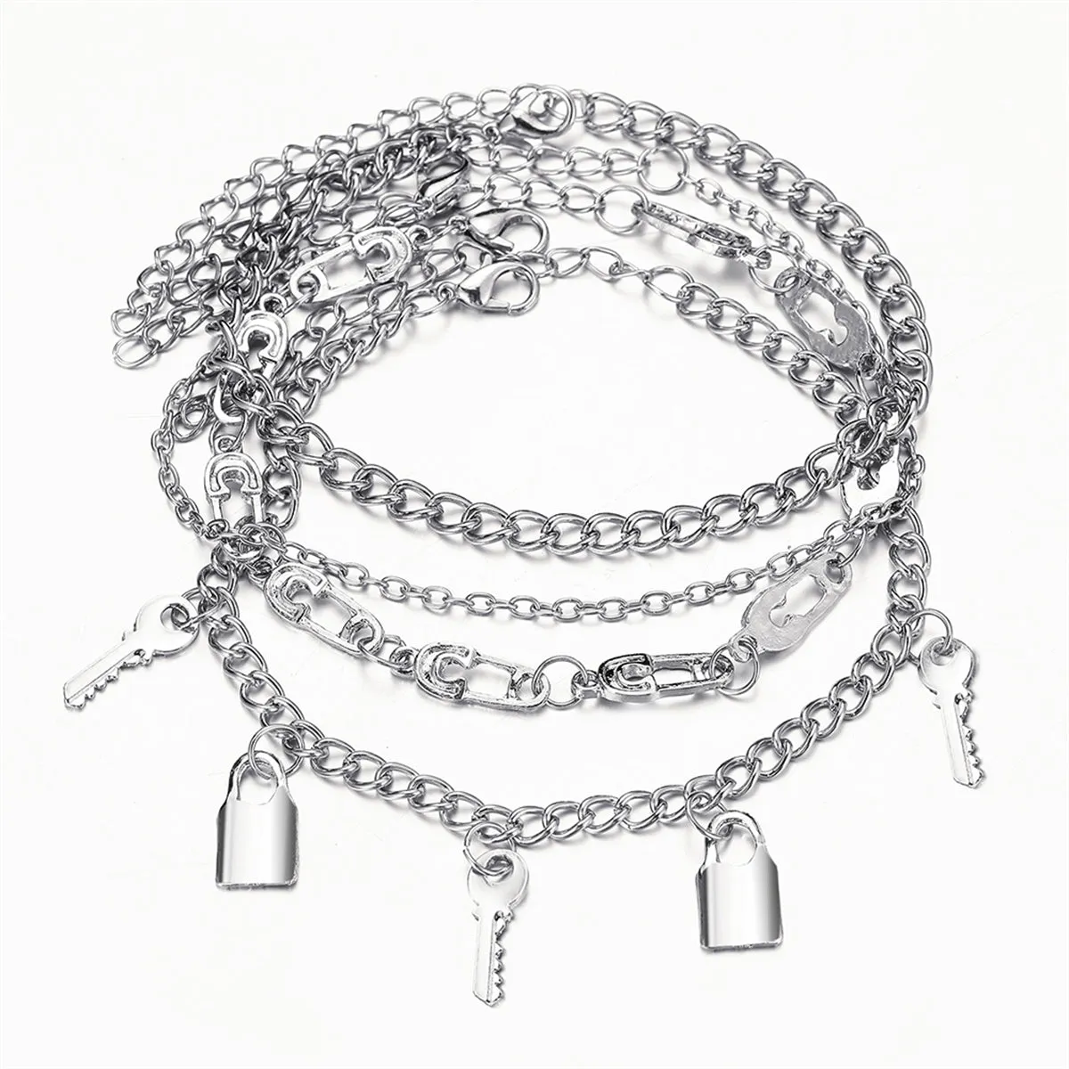 Silver-Plated Key Lock Station Charm Anklet Set