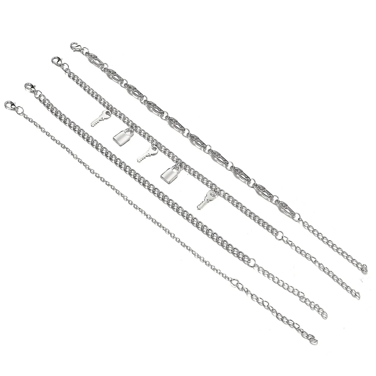 Silver-Plated Key Lock Station Charm Anklet Set