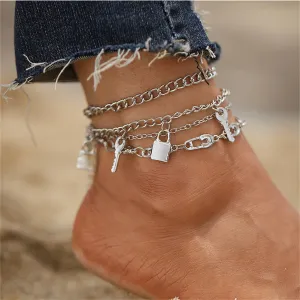 Silver-Plated Key Lock Station Charm Anklet Set