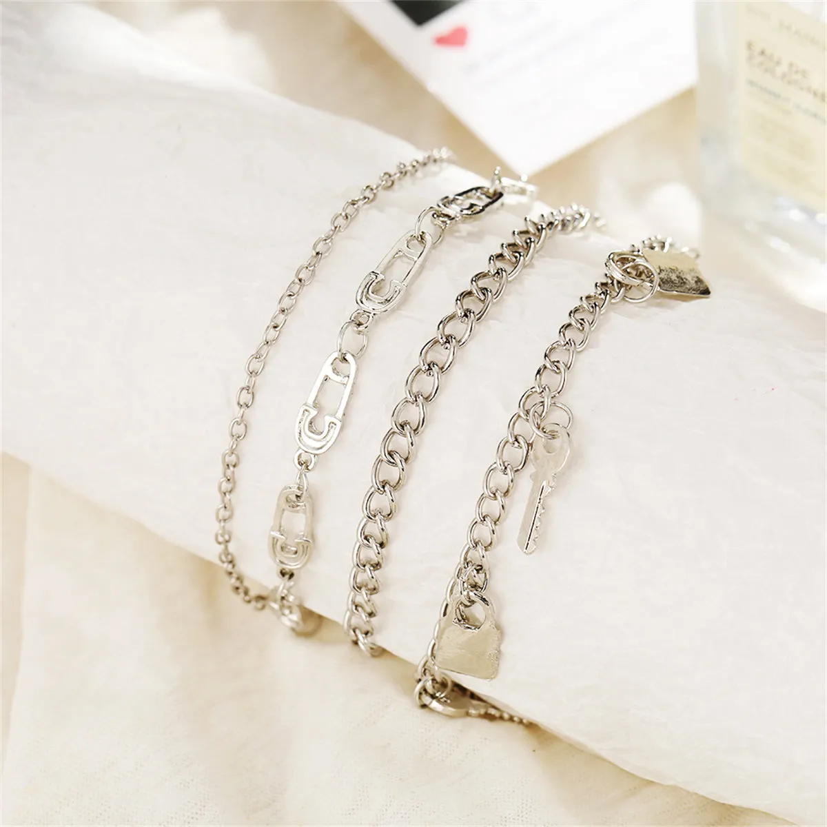 Silver-Plated Key Lock Station Charm Anklet Set
