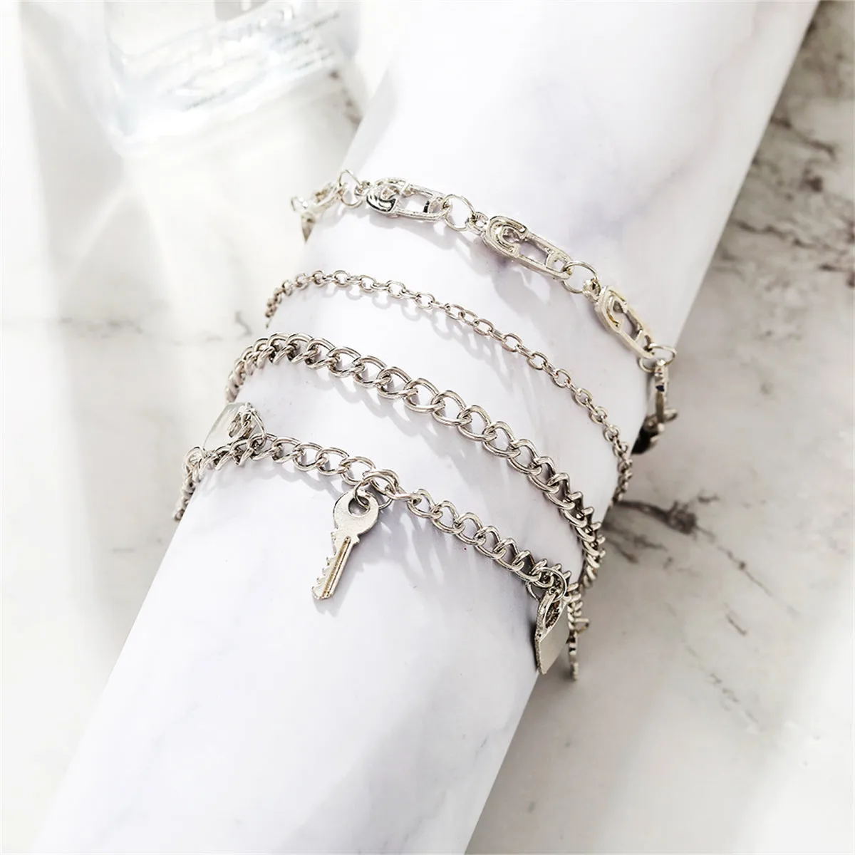 Silver-Plated Key Lock Station Charm Anklet Set