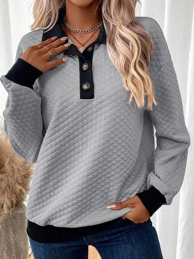 Textuur Kwartknoop Sweatshirt met Lange Mouwen