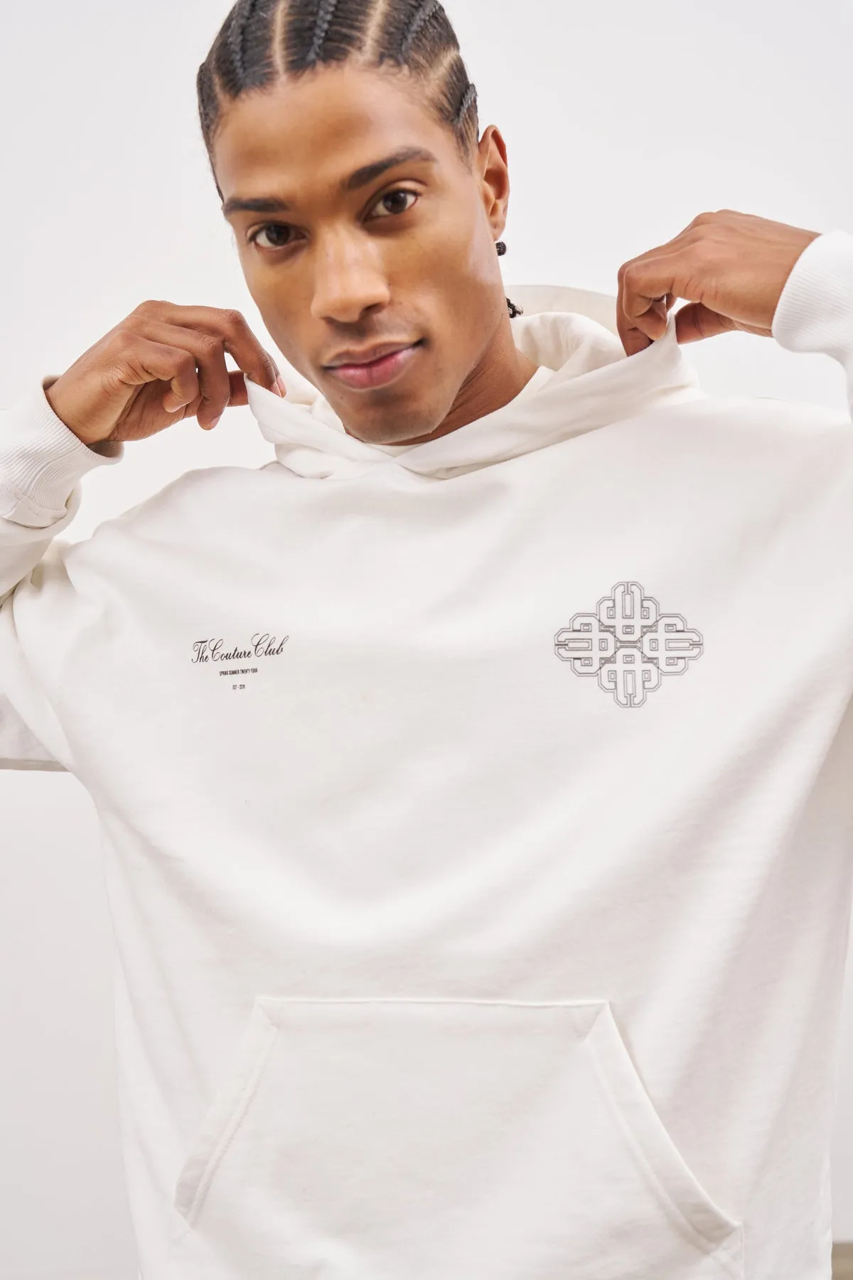 The Couture Club Emblem Outline Hoodie Off White