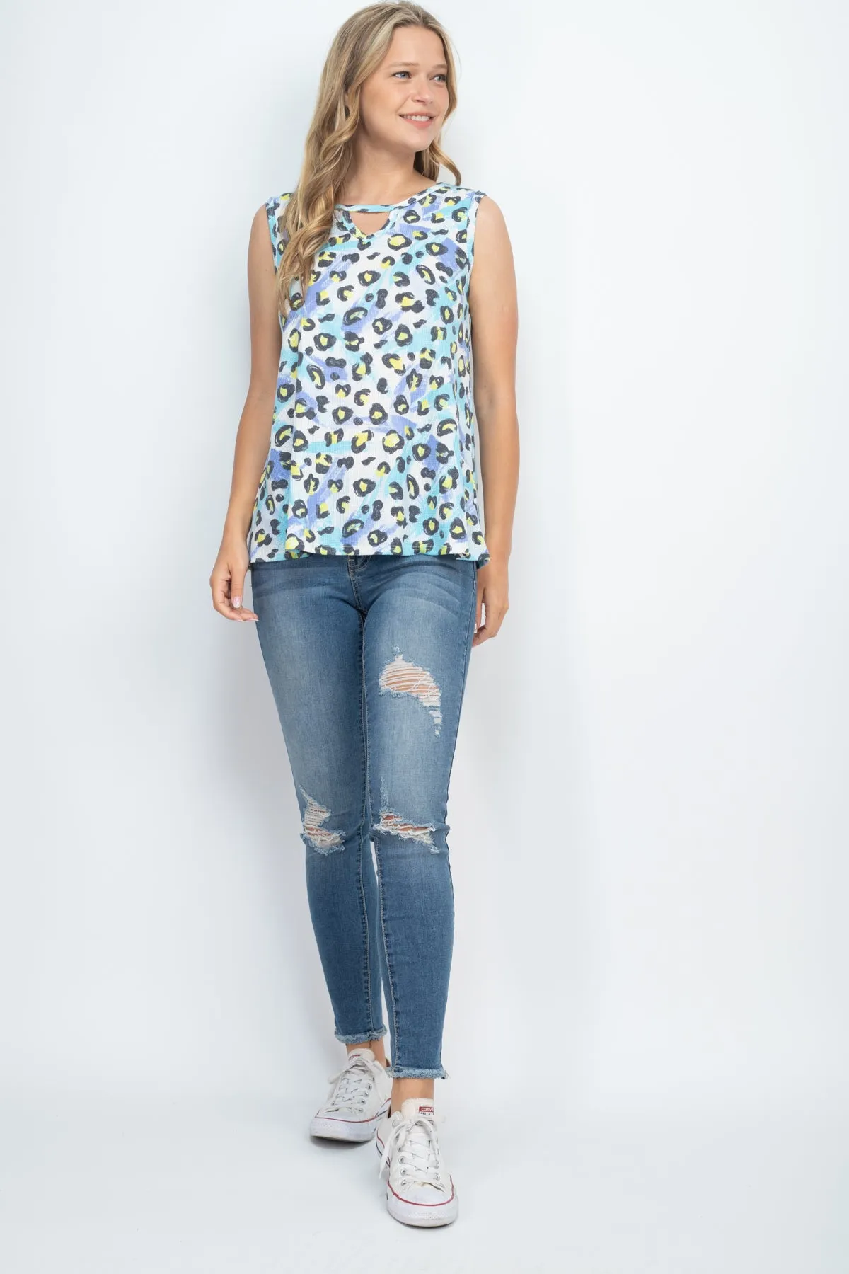 Thermal Tie Dye Leopard Keyhole Tank Top