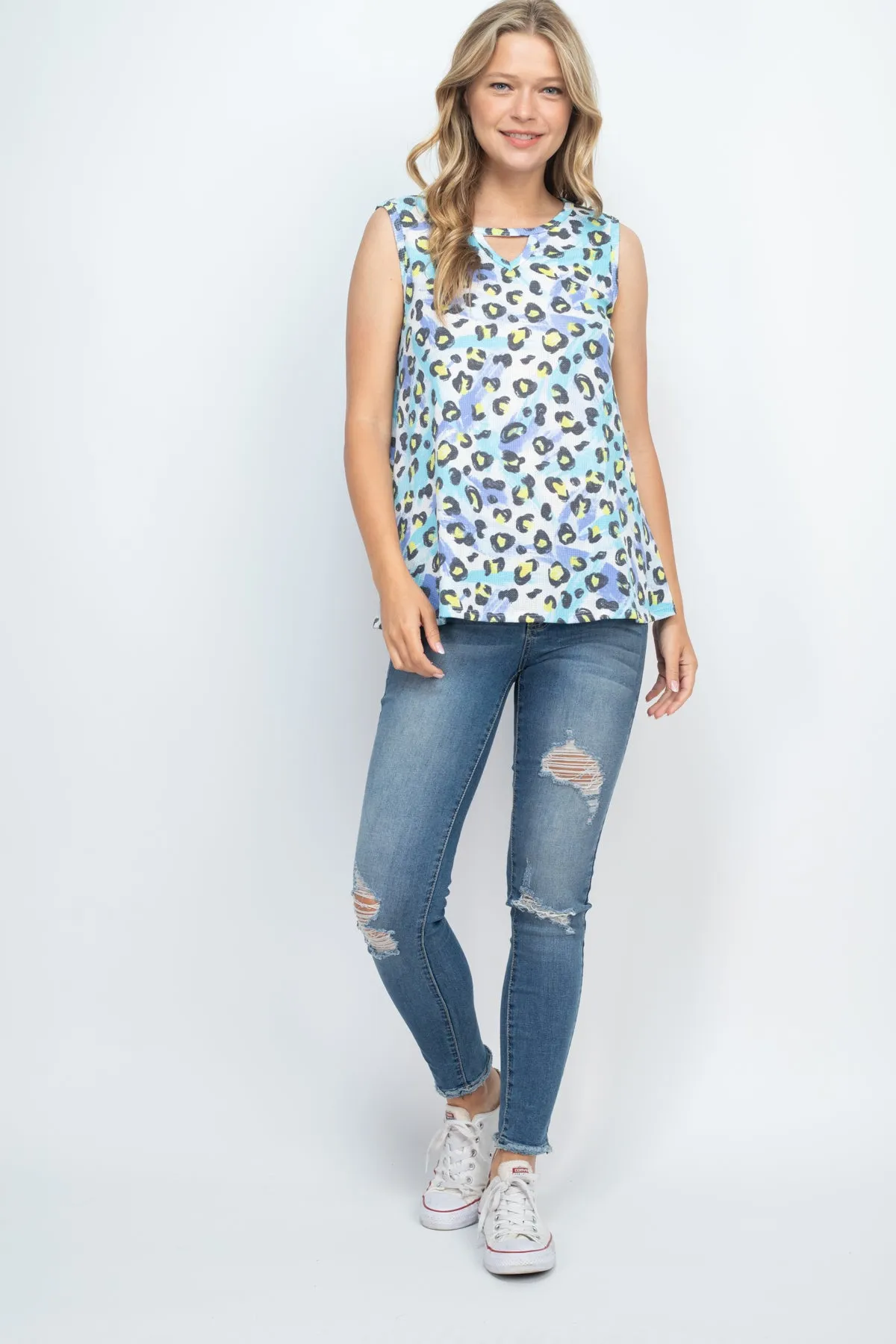 Thermal Tie Dye Leopard Keyhole Tank Top