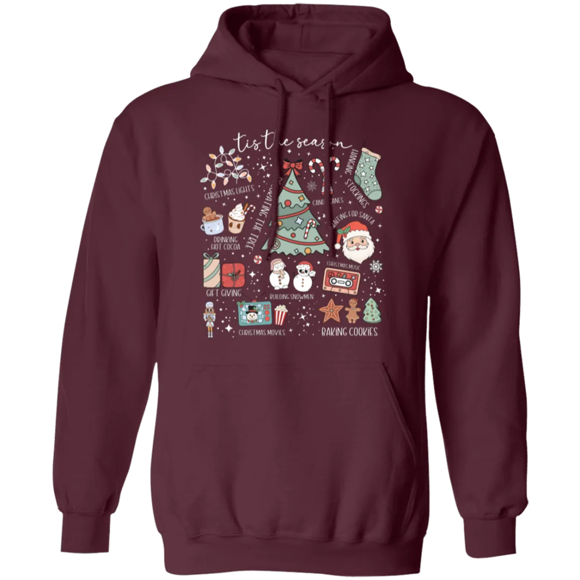 'Tis the Season Retro Christmas Hoodie – Gildan Pullover with Vintage Holiday Icons