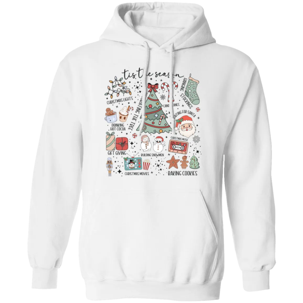 'Tis the Season Retro Christmas Hoodie – Gildan Pullover with Vintage Holiday Icons