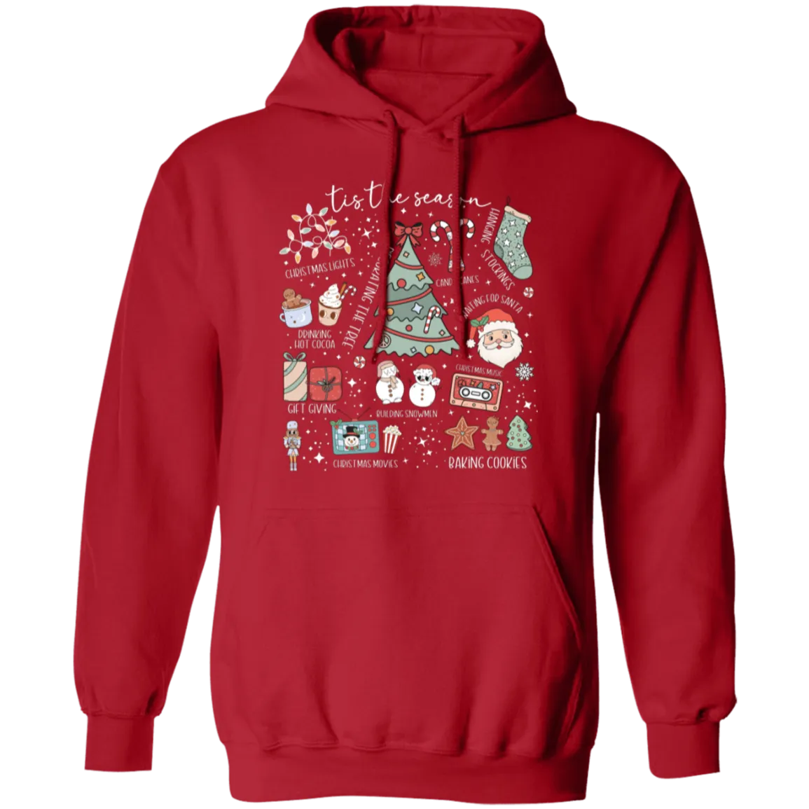 'Tis the Season Retro Christmas Hoodie – Gildan Pullover with Vintage Holiday Icons