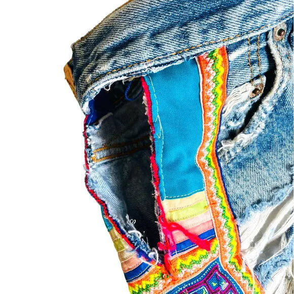 Tricia Fix Vintage Levi's 501 High Rise Cut Off Jean Shorts Side Cut Out RARE 2