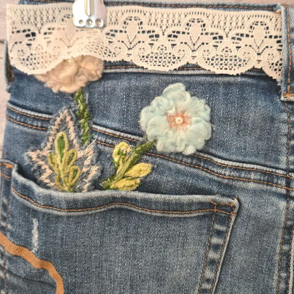 Upcycled Handmade Jean, Denim Cut-off Shorts Embellished floral lace Size 6 AEO