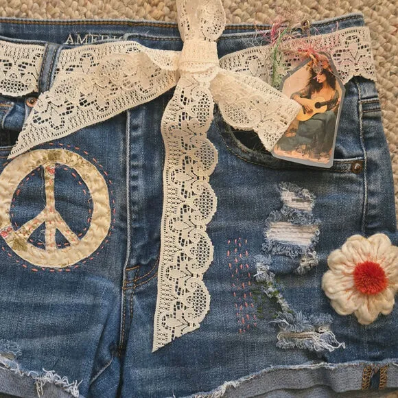Upcycled Handmade Jean, Denim Cut-off Shorts Embellished floral lace Size 6 AEO