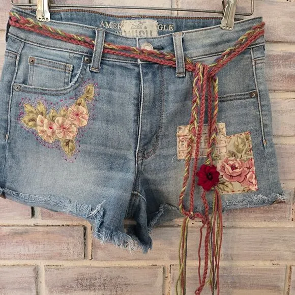 Upcycled Handmade Jean, Denim Cut-off Shorts Embellished floral lace Size 6 AEO