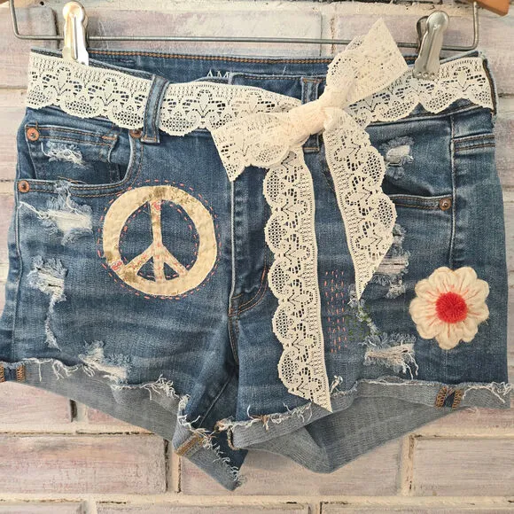 Upcycled Handmade Jean, Denim Cut-off Shorts Embellished floral lace Size 6 AEO