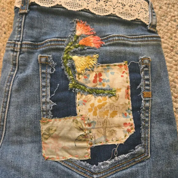 Upcycled Handmade Jean, Denim Cut-off Shorts Embellished floral lace Size 6 AEO