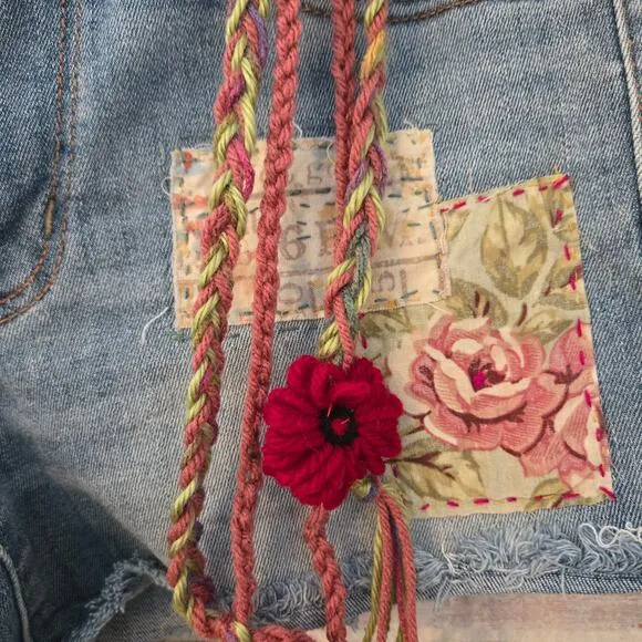 Upcycled Handmade Jean, Denim Cut-off Shorts Embellished floral lace Size 6 AEO