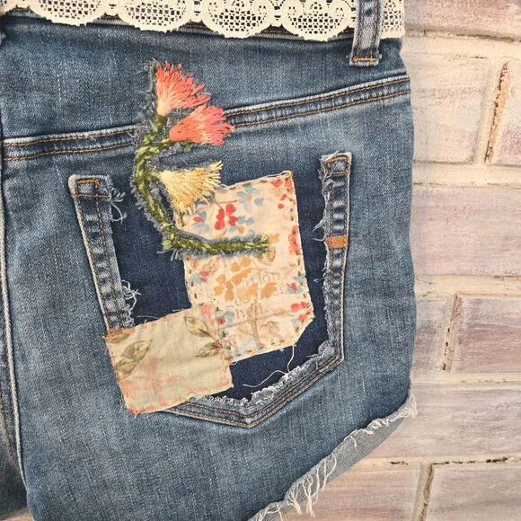 Upcycled Handmade Jean, Denim Cut-off Shorts Embellished floral lace Size 6 AEO