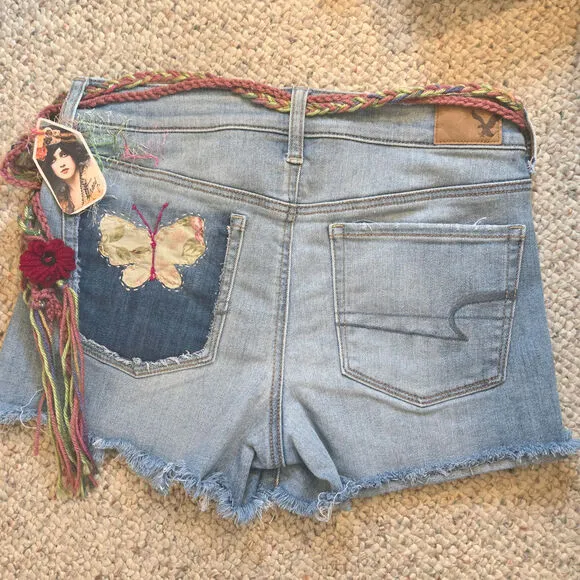 Upcycled Handmade Jean, Denim Cut-off Shorts Embellished floral lace Size 6 AEO
