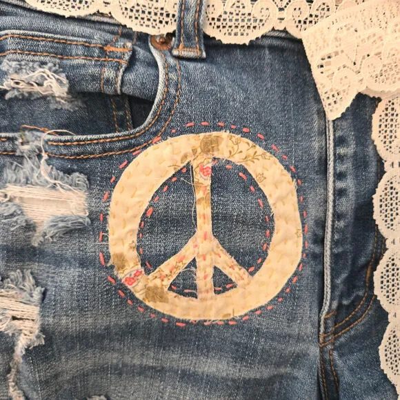 Upcycled Handmade Jean, Denim Cut-off Shorts Embellished floral lace Size 6 AEO