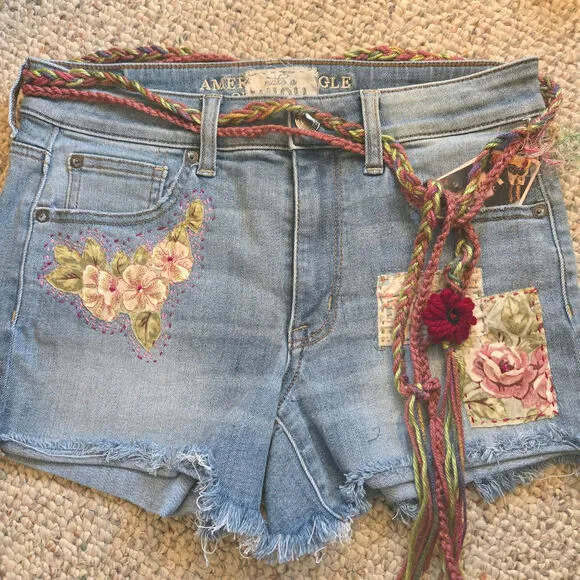 Upcycled Handmade Jean, Denim Cut-off Shorts Embellished floral lace Size 6 AEO