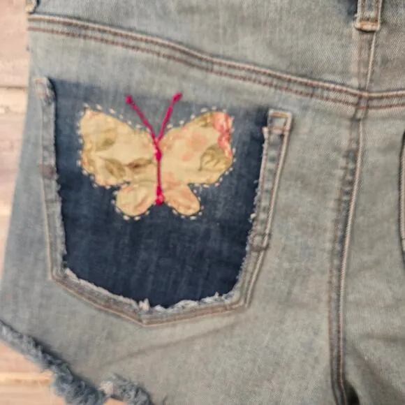 Upcycled Handmade Jean, Denim Cut-off Shorts Embellished floral lace Size 6 AEO