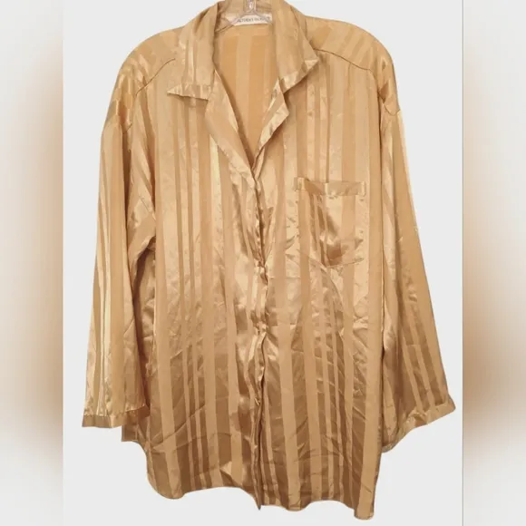 Victoria's Secret Sleep Shirt Satin Sz M Gold Striped Golden Romantic Vintage