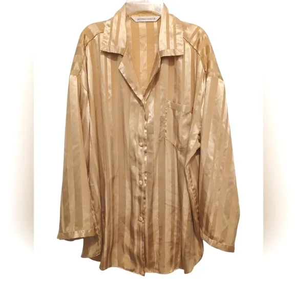 Victoria's Secret Sleep Shirt Satin Sz M Gold Striped Golden Romantic Vintage