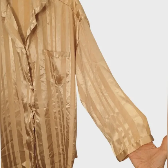 Victoria's Secret Sleep Shirt Satin Sz M Gold Striped Golden Romantic Vintage