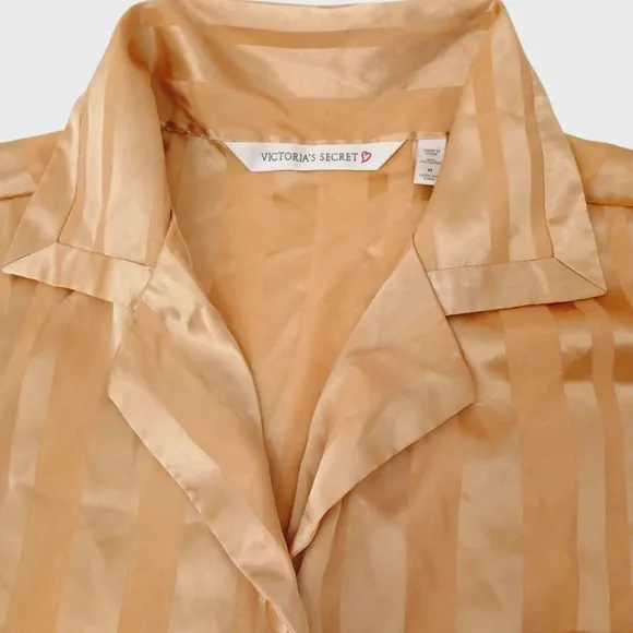 Victoria's Secret Sleep Shirt Satin Sz M Gold Striped Golden Romantic Vintage
