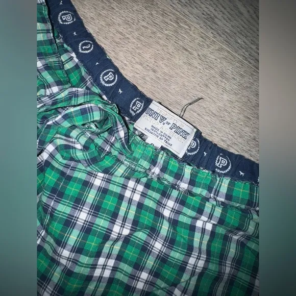 Vintage Early 2000’s VSPINK UNIVERSITY Green and white plaid shorts