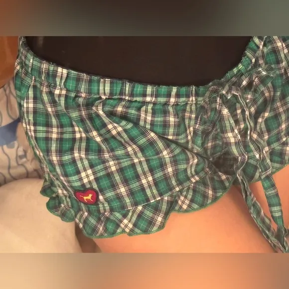 Vintage Early 2000’s VSPINK UNIVERSITY Green and white plaid shorts